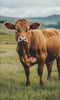 Brown cow standing and moving gently in open grassland with rolling hills background